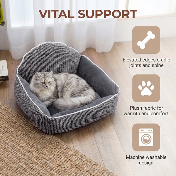 cat bed, pet bed, cat furniture, pet bedding, cat cushion, pet sleeping bed, product launch, lifestyle, calm, warm, neutral, brown